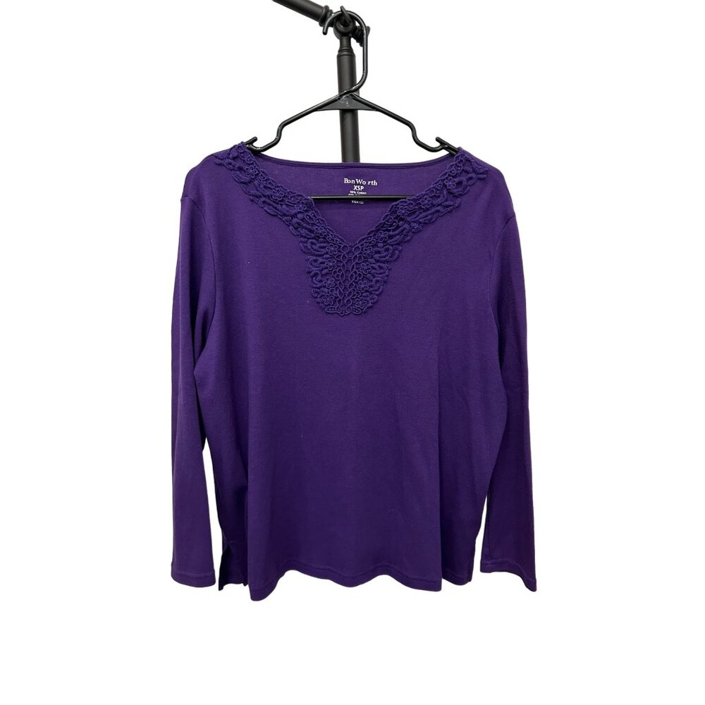 BonWorth Purple Long Sleeve Top Ruffle Neckline  Sz XSP